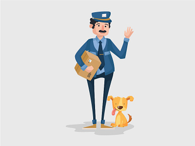 Postman 2d animal character cute design dog illustration mail man mustache parcel people