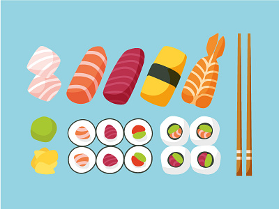 Sushi 2d eat fisch food illustration japan prawn rice salmon seafood sushi tuna