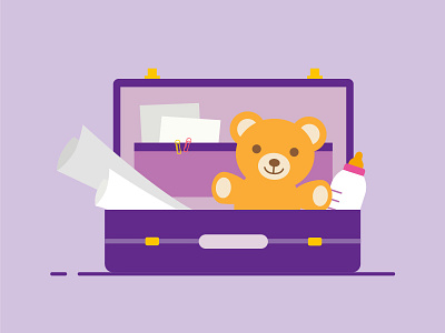 Work or stay home? 2d baby cute icon illustration purple suitcase teddy toys vector work