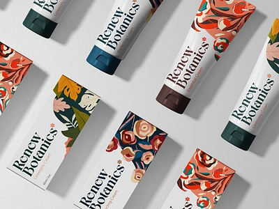 Renew Botanics - Packaging Set botanical branding cosmetic cream floral floral pattern illustration indentity lettering lockup packaging series skincare women