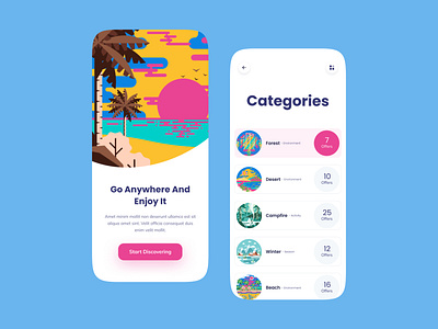 Travel Offerer Application app application camping design figma illustration mobile offer offering onboarding travel traveling ui