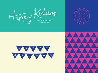 Happy Kiddos Branding apparel badge banner birthday party branding hand lettering identity kids logo monogram monoline pattern