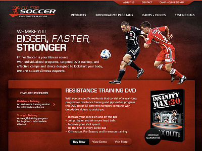 Fit For Soccer Homepage (2008) e commerce gritty red soccer web design