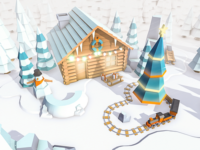 Winter cabin 3d cabin low poly lowpoly modeling render snow unity winter