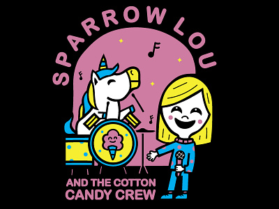 Sparrow Lou and the Cotton Candy Crew band band merch cotton candy fun happy illustration kids music pink shirt design singer unicorn