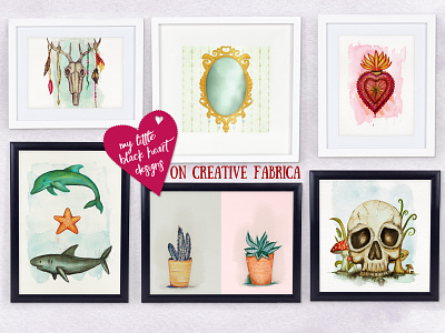 Eclectic Boho Mix illustrations on Creative Fabrica dolphin feathers flaming heart illustrations magic mirror mexico mushrooms resources sealife shark skull starfish watercolours