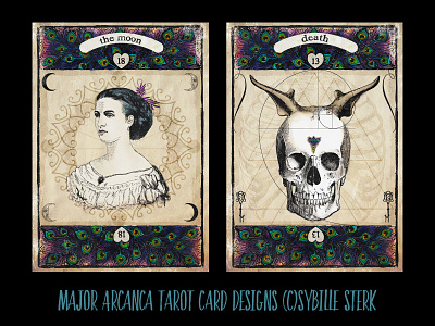 Tarot Card Designs - Moon and Death arcana death major arcana moon peacock tarot vintage