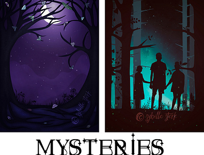 mysteries book cover art cover art fantasy forest kids kids book kids illustration magic moths mystery night siblings stars trees vector illustration