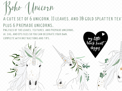 Boho Unicorns bamboo boho botanical branding design eucalyptus floral gold illustration kit leaves splatter unicorn