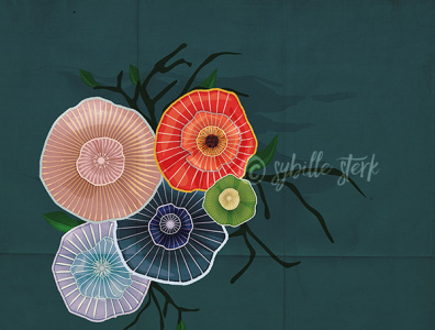 Abstract Mushrooms abstract asian botanical floral illustration