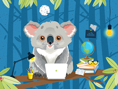 Student Koala animals australia bear books branding computer cute forest graphic design illustrations koala koala bear koala illustration leaves nature texture tree vector vector illustration wood