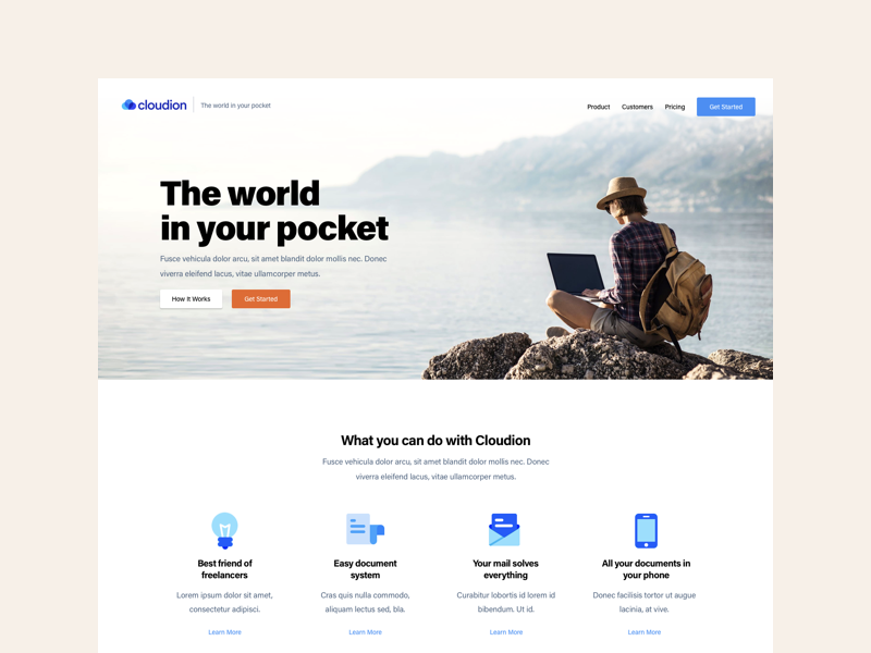 Landing Page - Cloudion bold font minimal clean orange blue icon hero section cloud app landing design homepage web design user interface landing page