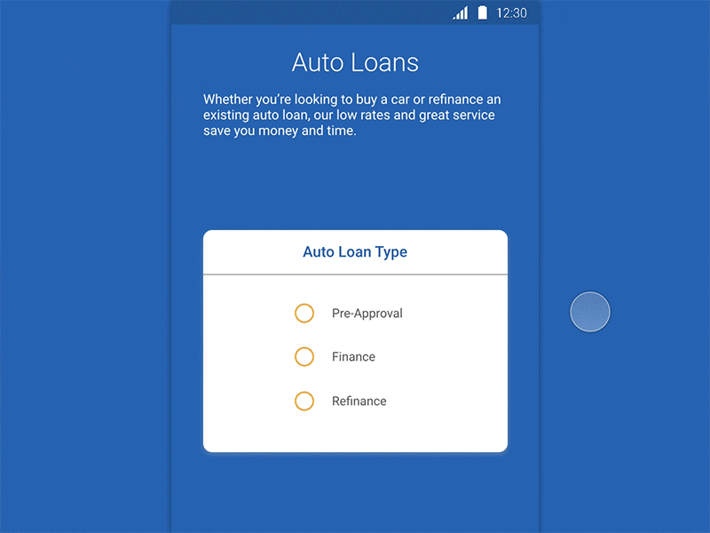 Auto Loans Process animation app banking cards loan mobile principle process tap