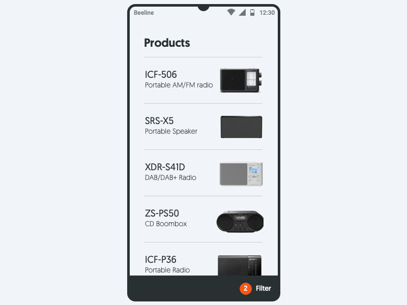 Products view filter list mobile product radio scroll shopping sound speaker ui