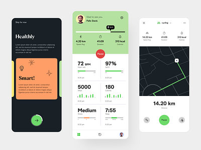 Health Monitoring App app black clean doctor figma fitness font green health health tracking intro ios iphone minimal mobile orange tracking ui vital