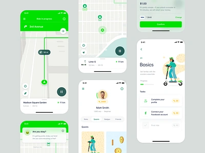 Lime – Electric Scooters Experience Reimagined app coins design electric escooter fab gps illustration ios location map mobile navigation onboarding profile quest scooter tab tutorial ui
