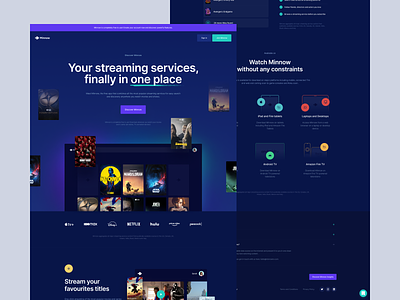 Minnow – Streaming services in one place blue cinema cover cta dark hero interface landing movies netflix notification page screen section series tv ui vod website www