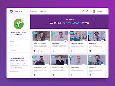 Barometa - New Talents cv dashboard hospitality hotel hr jobs luxury new purple talent video