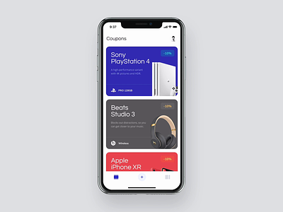 Coupons – Redeem promotional codes animation app application card code design gallery interaction ios iphone loading madeinuxpin mobile product prototype scan showcase tab ui uxpin