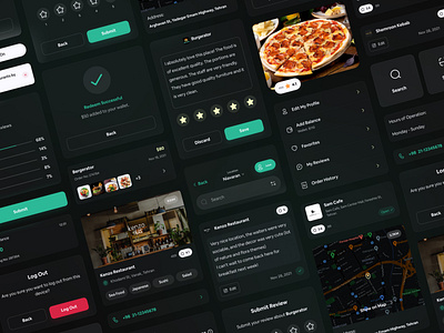 Cafe and Restaurant Mobile App Components android black cafe components dark design system food glass glassmorphism green ios mobile mobile app restaurant ui