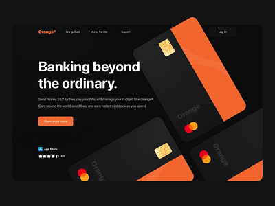 Banking Website bank banking credit card dark dark mode debit card finance glass header hero landing orange