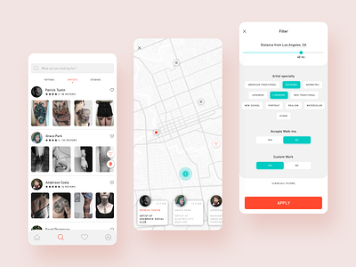 Tattoo Artist App app design flat green map minimal minimalism minimalist mobile mobile app design mobile design mobile ui red ui ui design uidesign ux ux design uxdesign