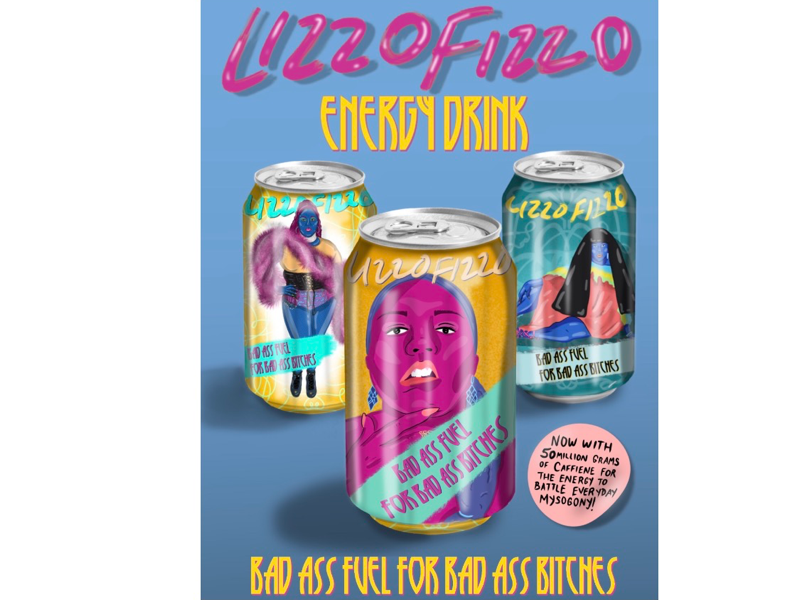 Lizzo fizzo energy drink brand development branding beverage design colorful design mock up pop culture lizzo typography illustration can design soda can product design feminist feminism