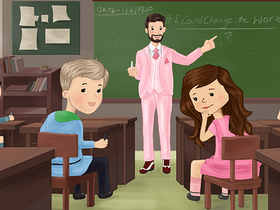 Children book Illustration- Client Work book art book illustration boy in class cartoon children book illustration childrens book childrens illustration design girl and boy girl looking at boy illustration in class old style classroom pink suit school school scene storybook teacher teacher teaching wooden table and chairs