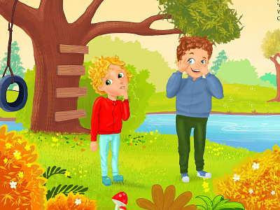 Playing Hide and seek- Children book Illustration by Abid Rozdar amazing cover amazon book backyard best children book cover mockups best children book covers 2019 book art book cover book cover design book cover mockup book covers of 2019 book illustration boy characters cartoon art children book illustration illustration lake and trees nature and human two boys in jungle two boys playing