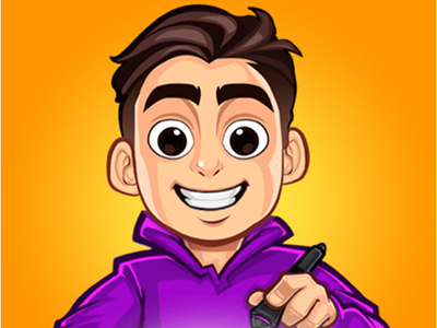 Character Design- personal Portrait by Abid Rozdar adobe illustrator best drawings of 2019 boy smiling boy smiling and drawing boy with big eyes cartoon character cartoon characters drawing and painting front pose character male happy boy character head mascot illustrations male character front purple hoodie self portraits in cartoon vector art and portraits yellow gradient background
