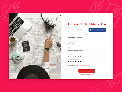 Sign up page for a travel website design ui web