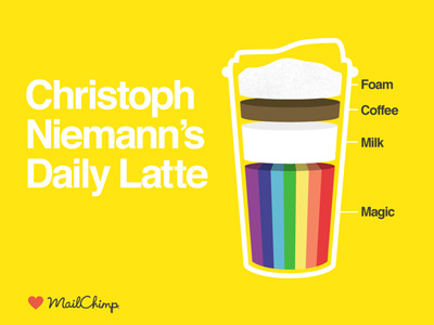 Mailchimp Creative Mornings sponsorship slide christoph niemann coffee color creative mornings heart helvetica latte magic mailchimp rainbow