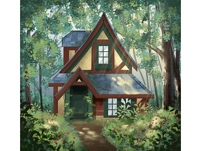 House in the woods art digitalart environment forest house illustraion nature sunshine trees wacom intuos