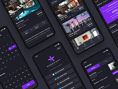 Booking app l Goodnight Hotels app booking booking app clean clean design dark design hotel app hotels ios minimal mobile app mobile design mobile ui renting typography ui vector