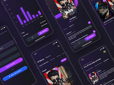 Social movie experience app | Watchonyou app clean clean design dark dark ui design ios minimal mobile app mobile ui movie app purple serials tv show ui vector