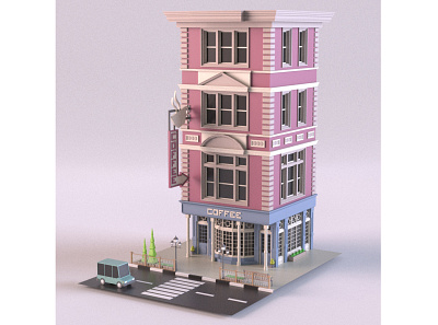 Coffee shop 3d 3d art 3d model 3dmodel building cafe car cartoon coffeeshop design environment exterior isometric lowpoly market maya render shop store tree