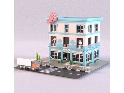 Seafood Restaurant 3d 3d art 3d model 3dmodel building cartoon design environment exterior isometric lowpoly market maya render restaurant seafood shop store truck