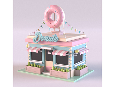 Donut Shop 3d 3d art 3dmodel building cartoon design donut donut shop environment exterior facade illustration isometric lowpoly market maya render shop store