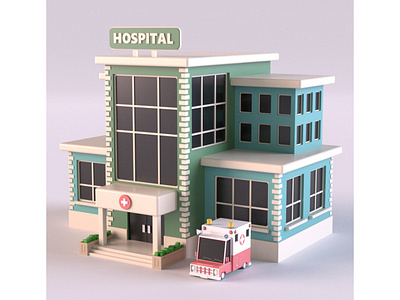 Hospital 3d 3d art 3dmodel ambulance building car cartoon design environment exterior hospital illustration isometric lowpoly market maya render shop store