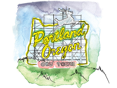 Portland, OR illustration old town oregon pencil portland watercolor white stag
