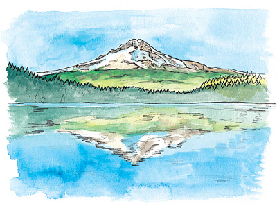 Mount Hood cascades illustration ink landscape mount hood mountain or oregon painting watercolor