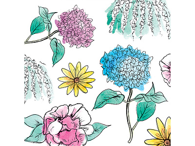 Watercolor Flowers floral flowers hydrangea illustration ink pattern watercolor