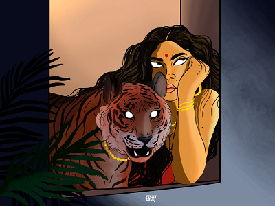 Leo & Piscean, soaking the moonlight digital illustration digitalart flat girl illustraion nature summer tiger