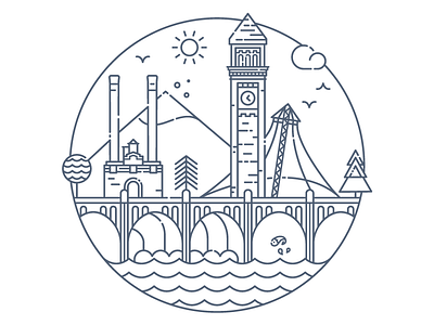 Spokane Skyline city clocktower falls icon illustration line art skyline spokane spokane skyline