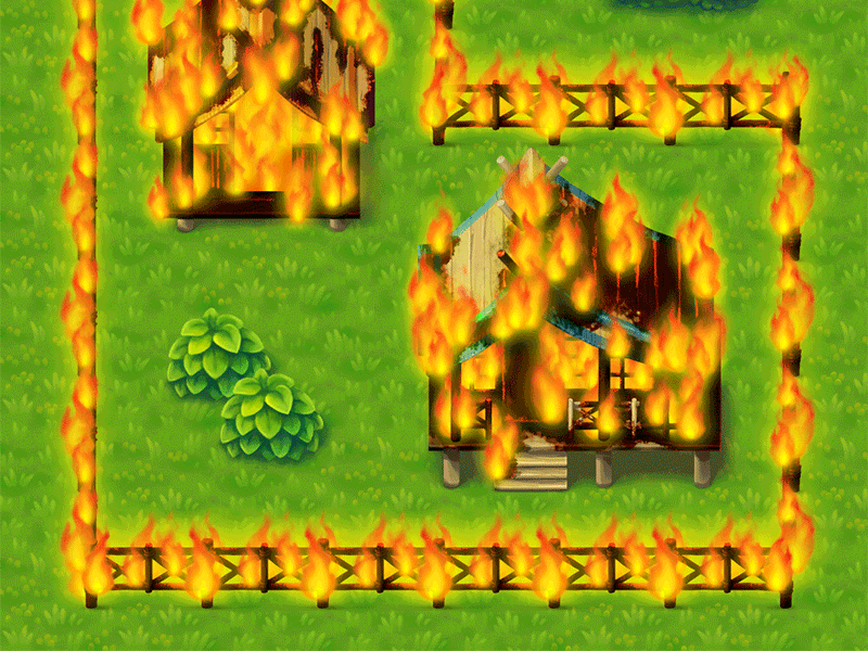 Burning houses and fence for Meidenstone game demo
