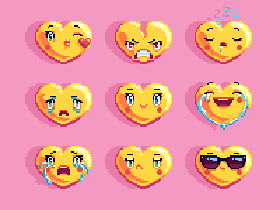 Pixel art heart emoji set angry cry cute emoji emoticon face heart kawaii kiss laughing lol pixel art sad sleeping sunglasses unamused