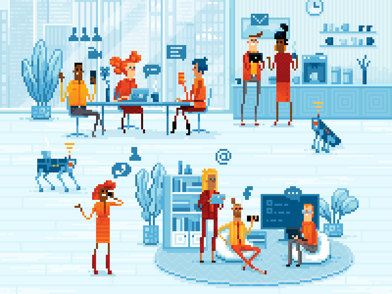 Pixel office funny people business office gadgets communication illustration pixel art
