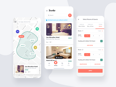 Travellor App ( Hotel Booking App) Concept adults apply book now booking branding design homepage map ui map view room booking travel app