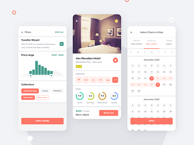 Travellor App ( Hotel Booking App) Concept apply filter book now branding check in checkout collections design detail page detail view dribbble filter ui hotel booking app price range ratings select date stats wizard