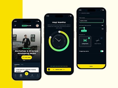 MENZ CLUB (Counselling App) clock dark theme home page mobile app onboarding play now product design